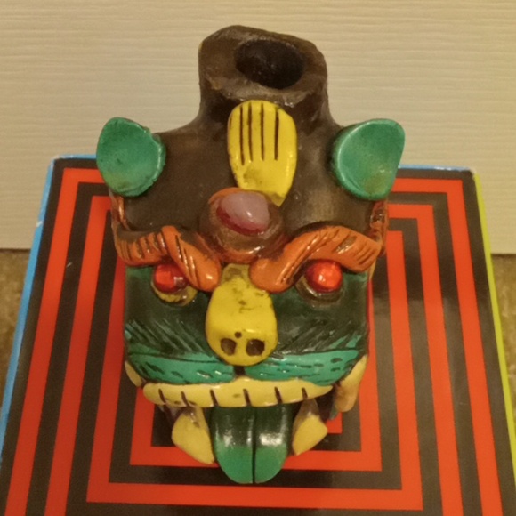 MAYAN AZTEC CLAY DEATH WHISTLE JAGUAR CAT MAN IN MOUTH HANDMADE FOLK ART MEXICO - Picture 4 of 7